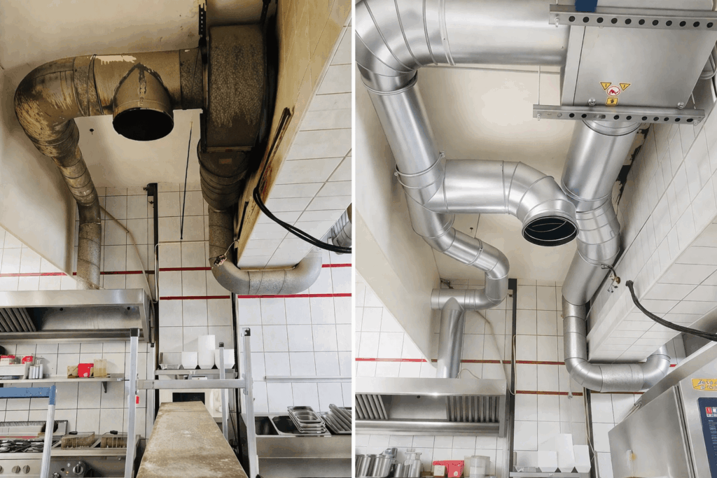 Vorher-Nachher Vergleich einer Gastronomie Lüftungsanlage mit verschmutzter und modernisierter Küchenabluftanlage